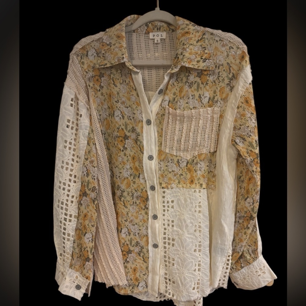 POL Contrasting Floral Button Down Blouse NWOT